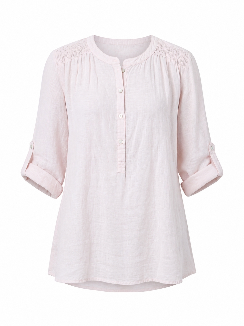 SIGRID OLSEN | 100% Linen Pale Pastel Pink Roll-Tab Button Down Henley Tunic | L